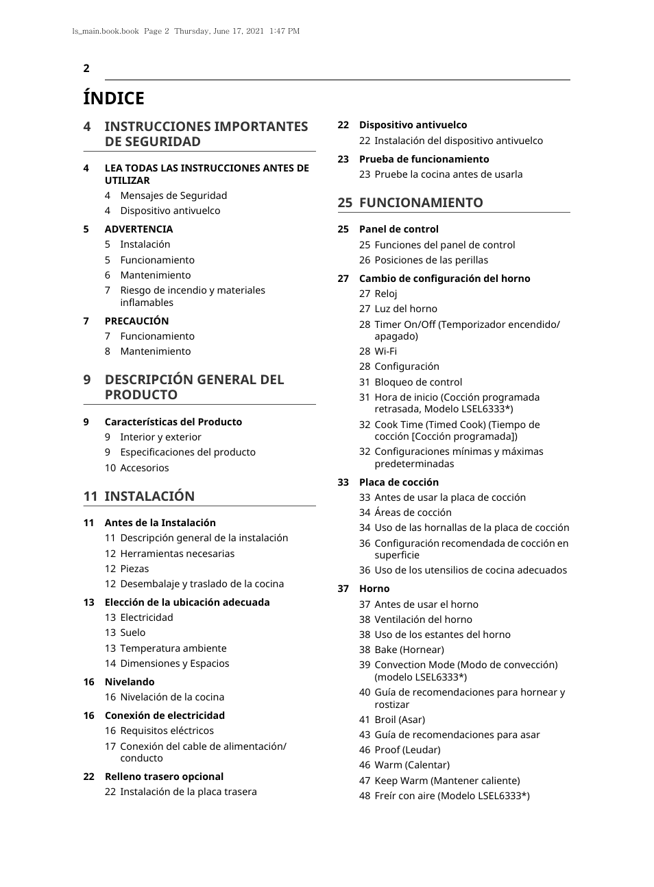 Índice, 4 instrucciones importantes de seguridad, 9 descripción general del producto | 11 instalación, 25 funcionamiento | LG 30 Inch Electric Slide-In Smart Range Owner Manual User Manual | Page 78 / 164