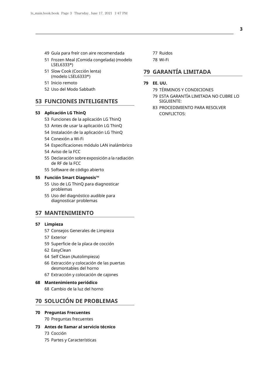 53 funciones inteligentes, 57 mantenimiento, 70 solución de problemas | 79 garantía limitada | LG 30 Inch Electric Slide-In Smart Range Owner Manual User Manual | Page 79 / 164