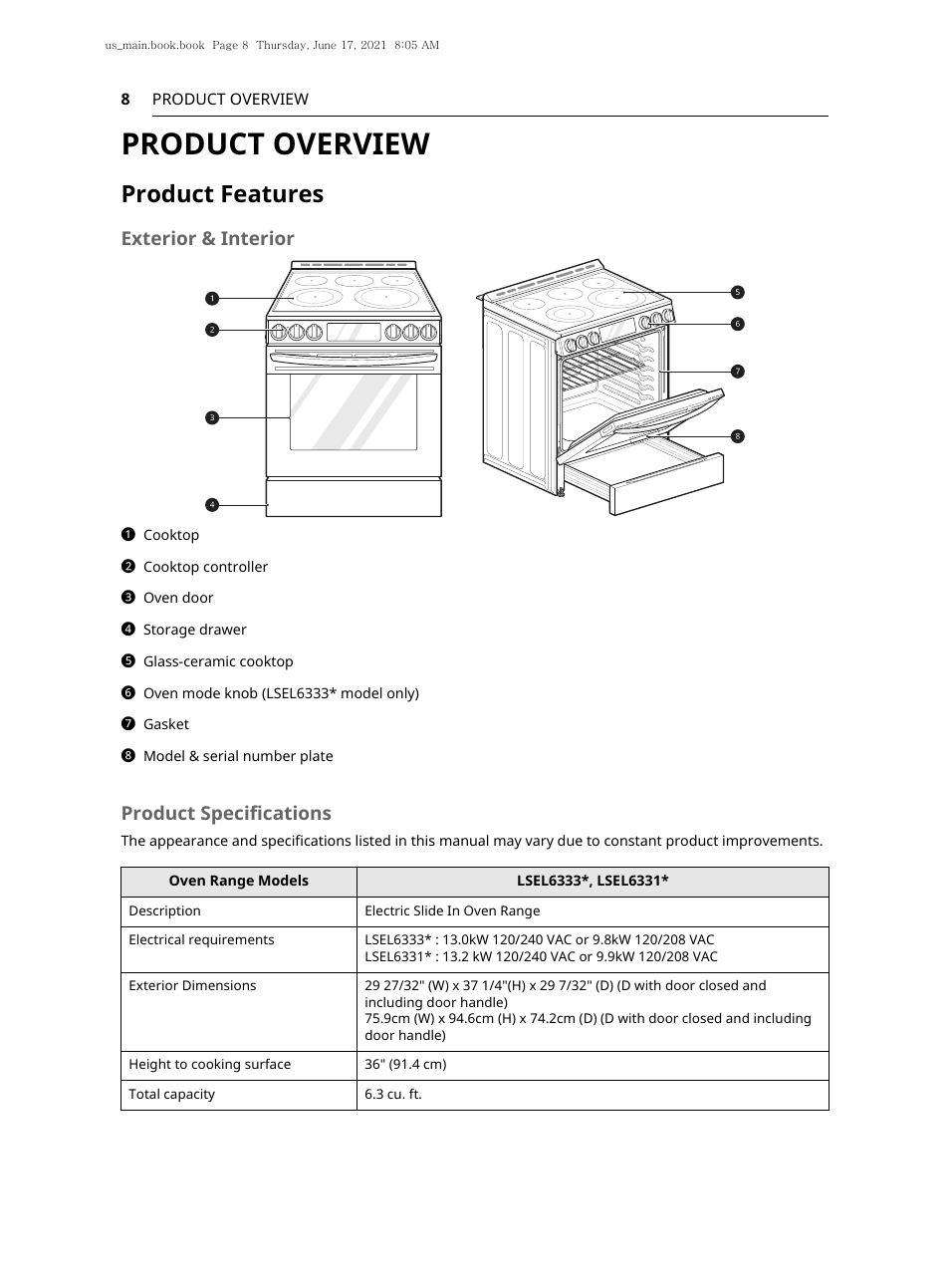 Product overview, Product features, Exterior & interior | Product specifications | LG 30 Inch Electric Slide-In Smart Range Owner Manual User Manual | Page 8 / 164