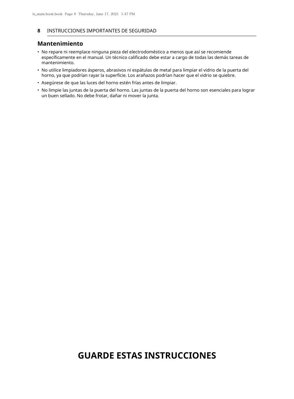 Guarde estas instrucciones, Mantenimiento | LG 30 Inch Electric Slide-In Smart Range Owner Manual User Manual | Page 84 / 164