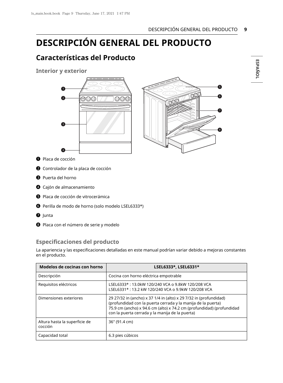Descripción general del producto, Características del producto, Interior y exterior | Especificaciones del producto | LG 30 Inch Electric Slide-In Smart Range Owner Manual User Manual | Page 85 / 164