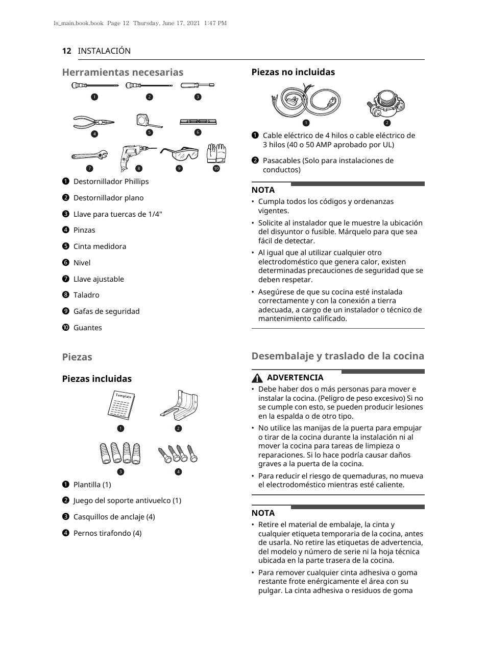 Herramientas necesarias, Piezas, Desembalaje y traslado de la cocina | LG 30 Inch Electric Slide-In Smart Range Owner Manual User Manual | Page 88 / 164