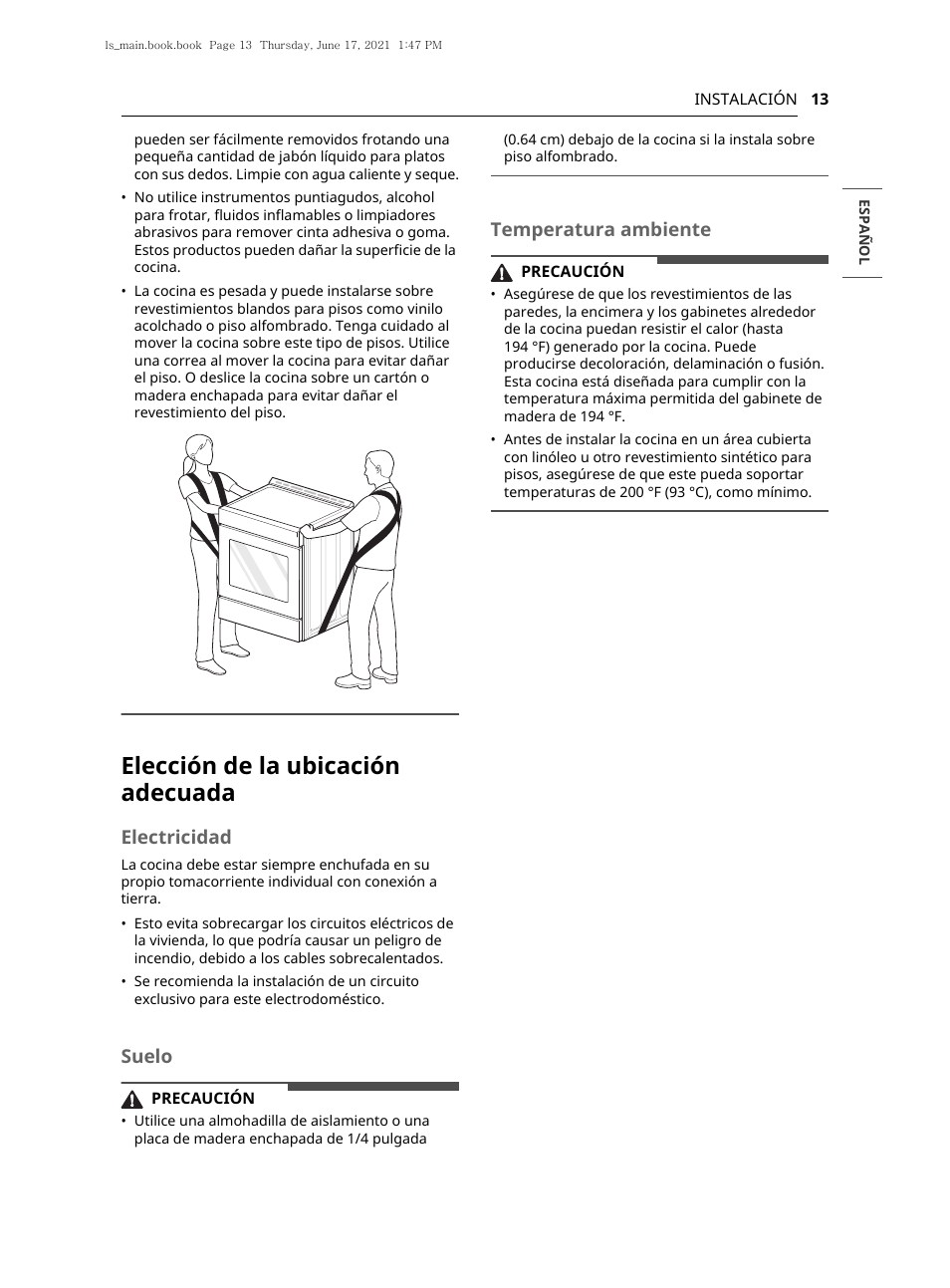 Elección de la ubicación adecuada, Electricidad, Suelo | Temperatura ambiente | LG 30 Inch Electric Slide-In Smart Range Owner Manual User Manual | Page 89 / 164