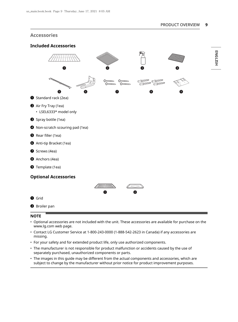 Accessories | LG 30 Inch Electric Slide-In Smart Range Owner Manual User Manual | Page 9 / 164