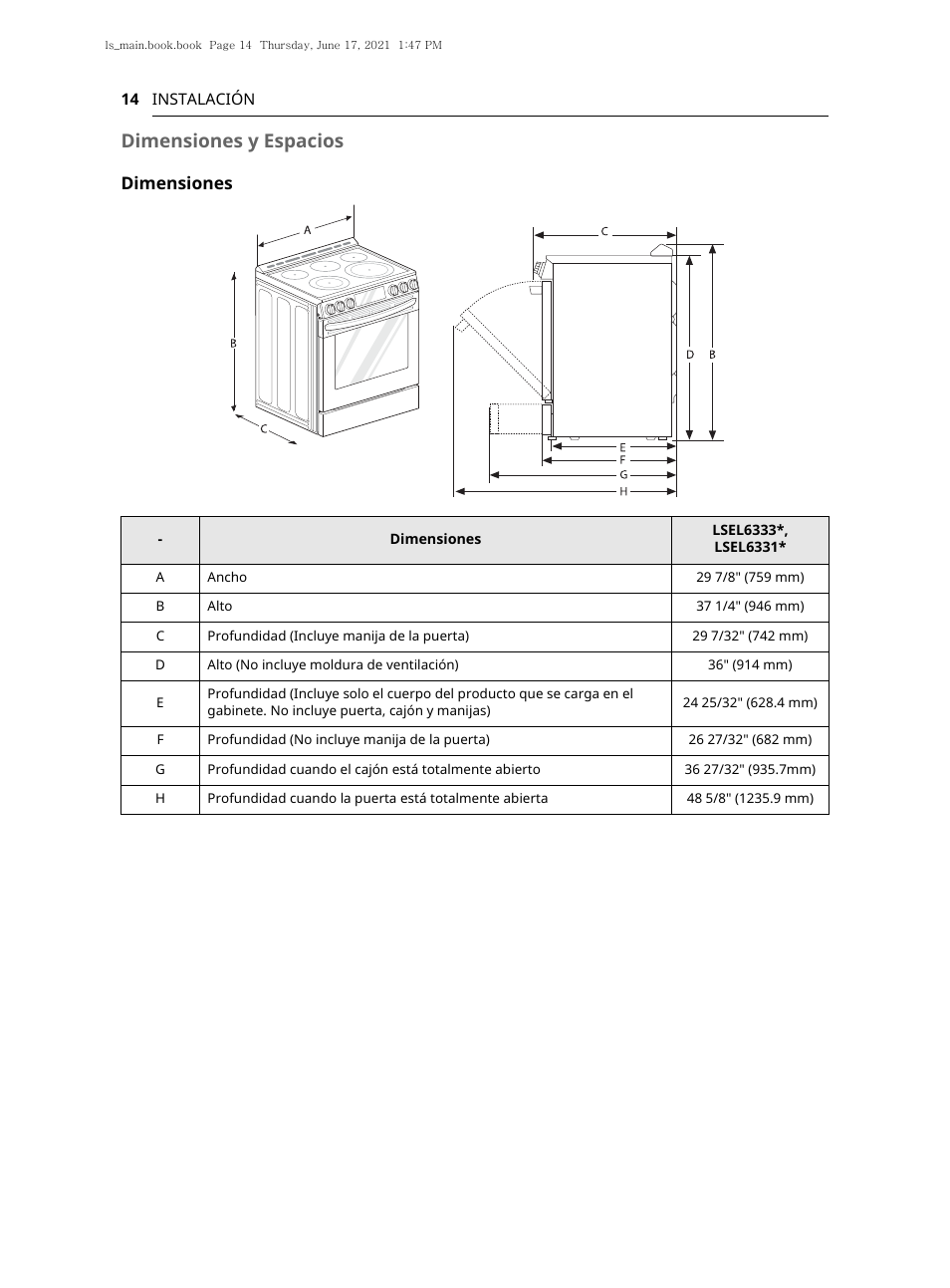 Dimensiones y espacios, Dimensiones | LG 30 Inch Electric Slide-In Smart Range Owner Manual User Manual | Page 90 / 164