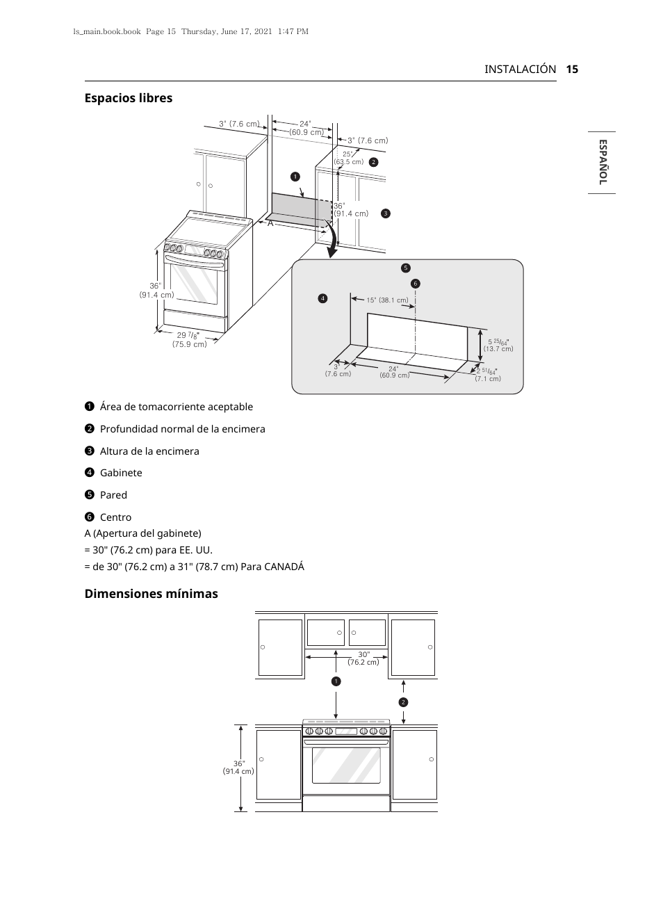 Espacios libres, Dimensiones mínimas, 15 instalación | LG 30 Inch Electric Slide-In Smart Range Owner Manual User Manual | Page 91 / 164