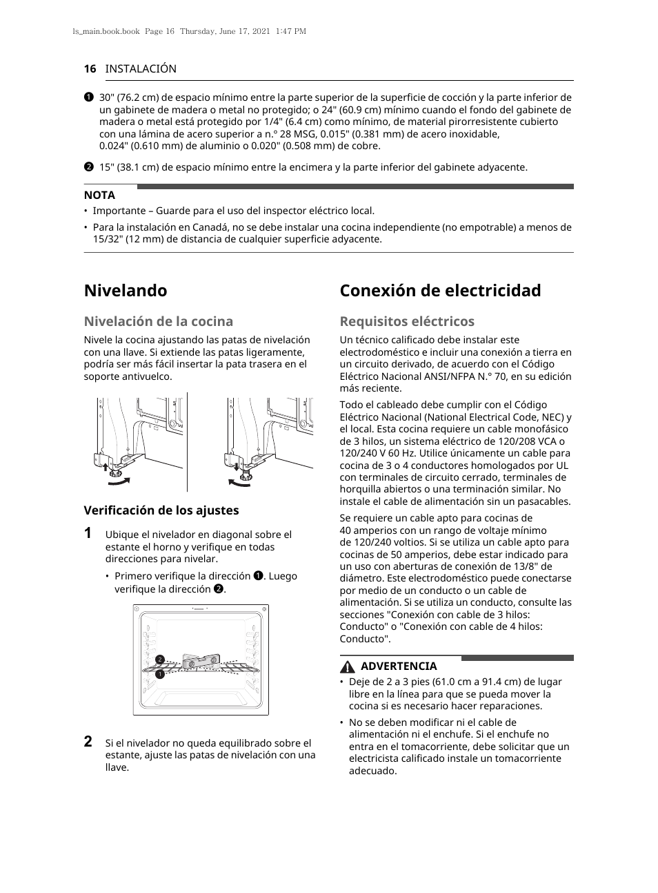 Nivelando, Conexión de electricidad, Nivelación de la cocina | Requisitos eléctricos | LG 30 Inch Electric Slide-In Smart Range Owner Manual User Manual | Page 92 / 164