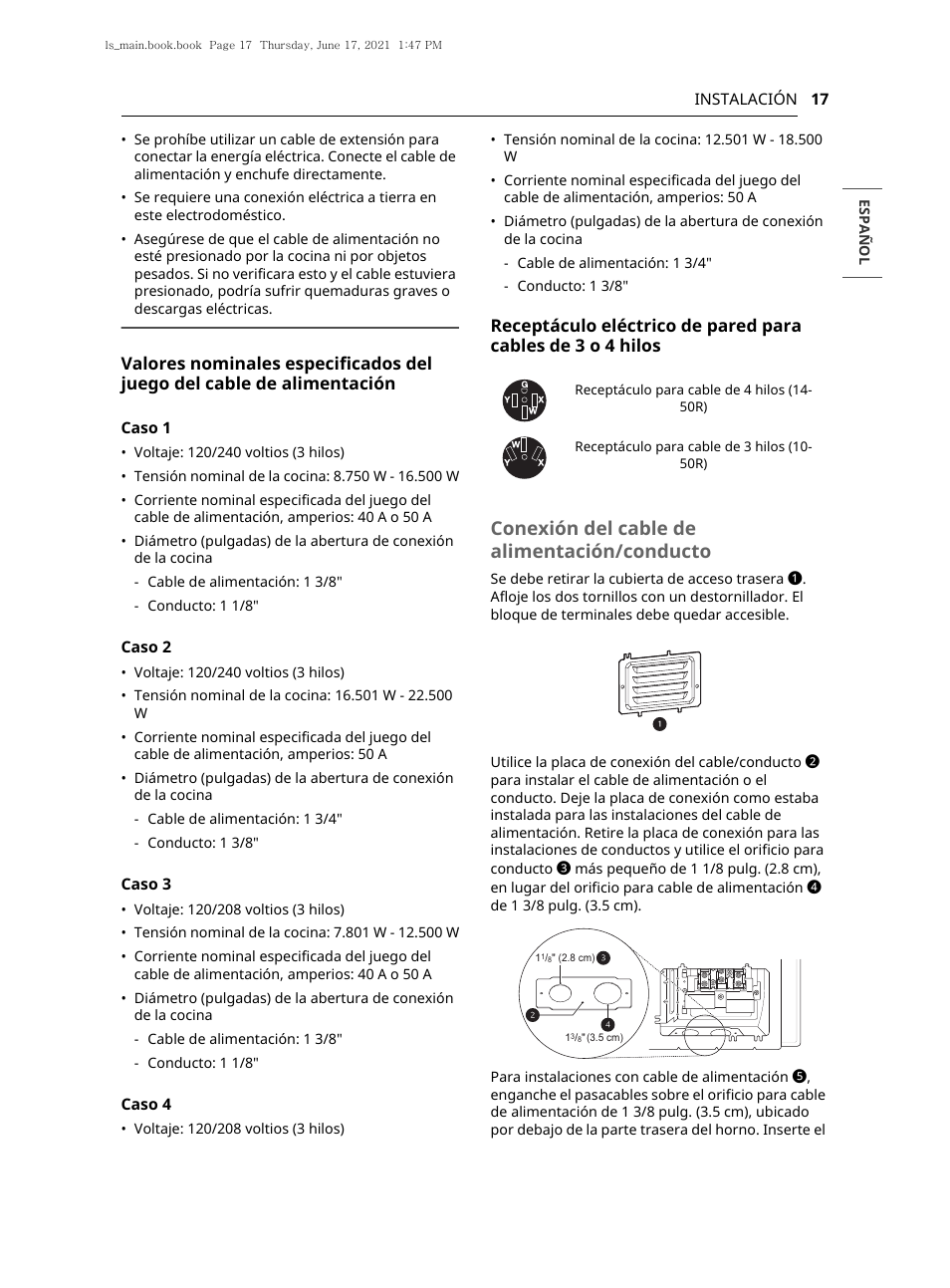 Conexión del cable de alimentación/conducto | LG 30 Inch Electric Slide-In Smart Range Owner Manual User Manual | Page 93 / 164