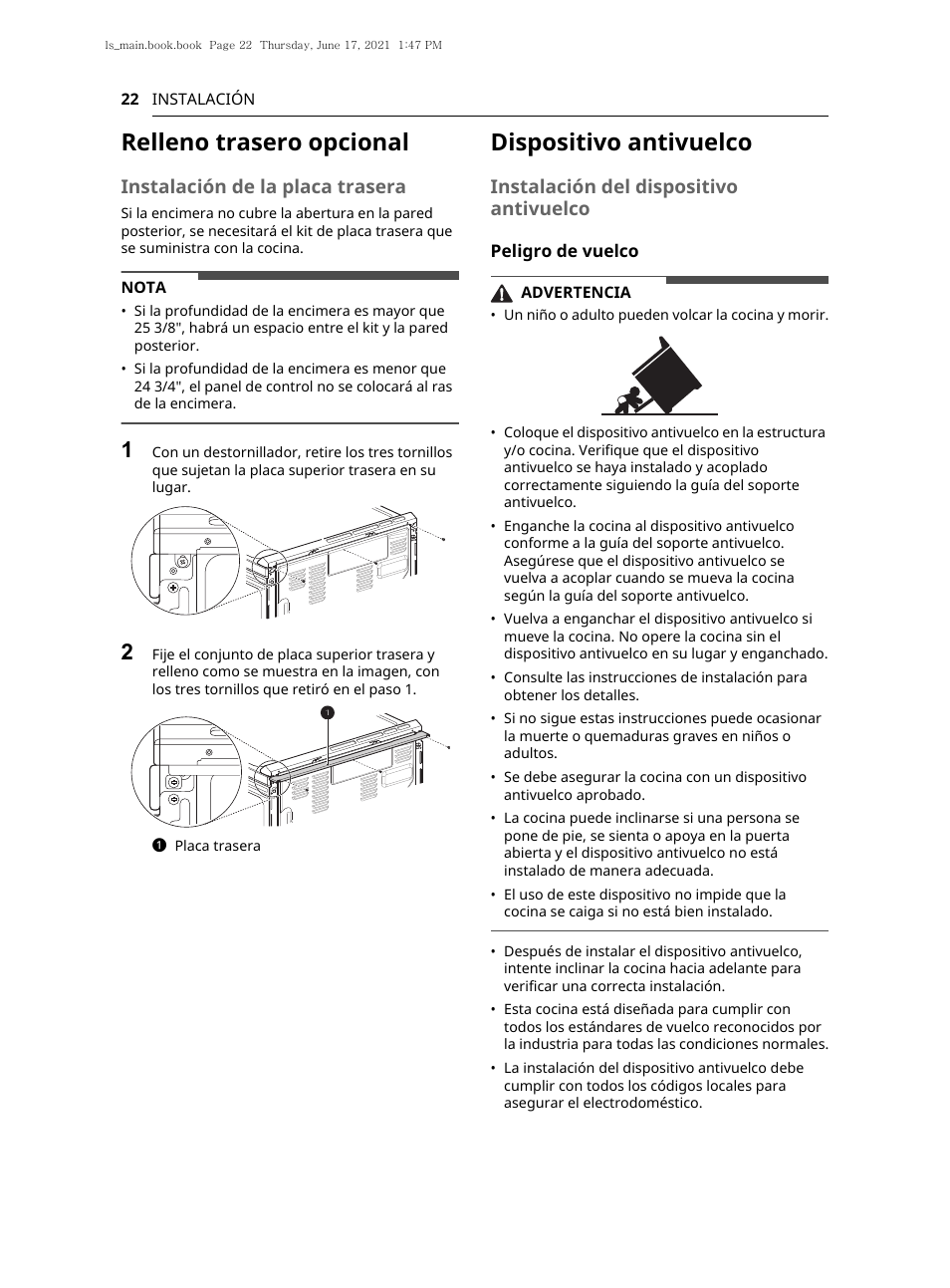 Relleno trasero opcional, Dispositivo antivuelco, Instalación de la placa trasera | Instalación del dispositivo antivuelco | LG 30 Inch Electric Slide-In Smart Range Owner Manual User Manual | Page 98 / 164