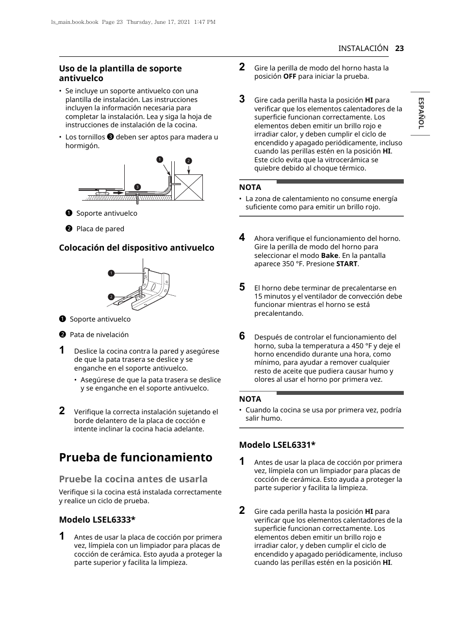 Prueba de funcionamiento, Pruebe la cocina antes de usarla | LG 30 Inch Electric Slide-In Smart Range Owner Manual User Manual | Page 99 / 164