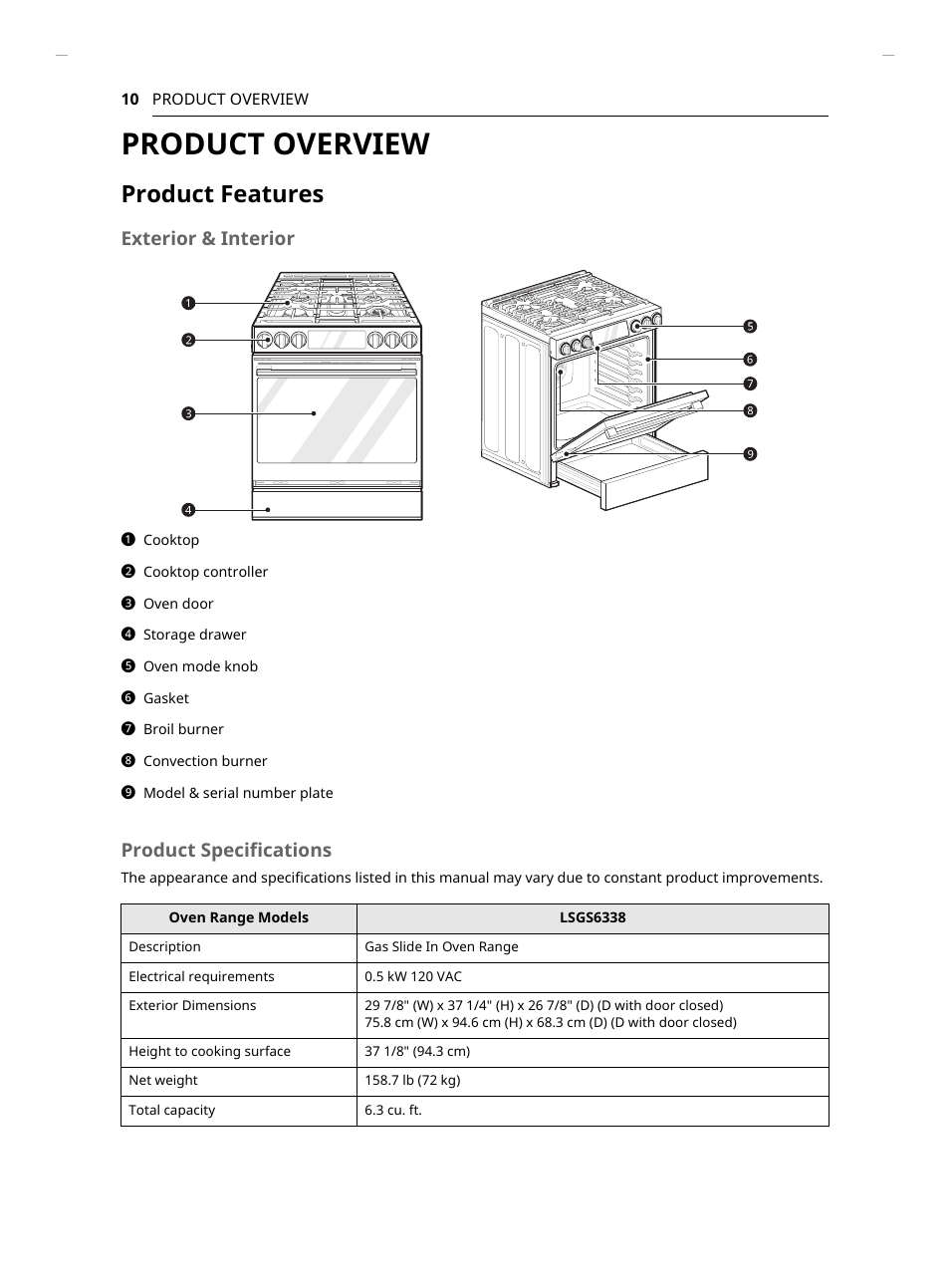 Product overview, Product features, Exterior & interior | Product specifications | LG Studio 30 Inch Slide-In Gas Smart Range Owners Manual User Manual | Page 10 / 172