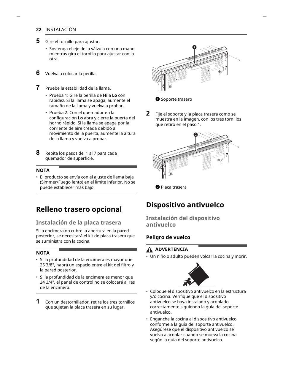 Relleno trasero opcional, Dispositivo antivuelco, Instalación de la placa trasera | Instalación del dispositivo antivuelco | LG Studio 30 Inch Slide-In Gas Smart Range Owners Manual User Manual | Page 102 / 172