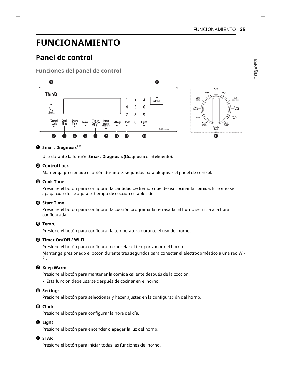 Funcionamiento, Panel de control, Funciones del panel de control | LG Studio 30 Inch Slide-In Gas Smart Range Owners Manual User Manual | Page 105 / 172