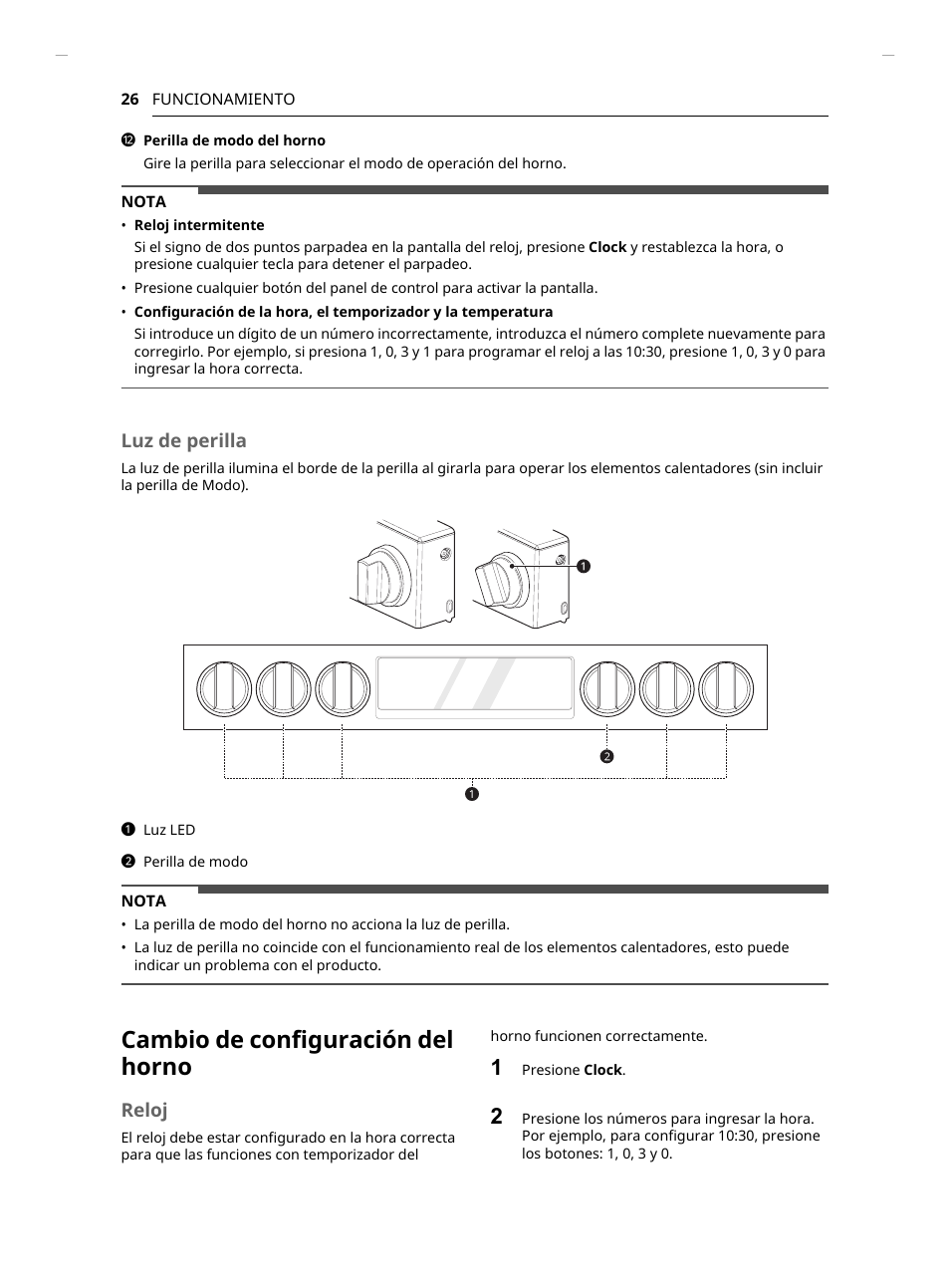 Cambio de configuración del horno, Luz de perilla, Reloj | LG Studio 30 Inch Slide-In Gas Smart Range Owners Manual User Manual | Page 106 / 172