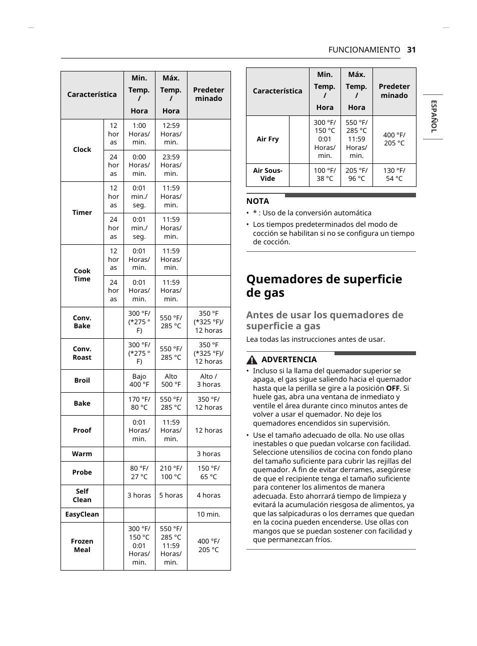 Quemadores de superficie de gas, Antes de usar los quemadores de superficie a gas | LG Studio 30 Inch Slide-In Gas Smart Range Owners Manual User Manual | Page 111 / 172