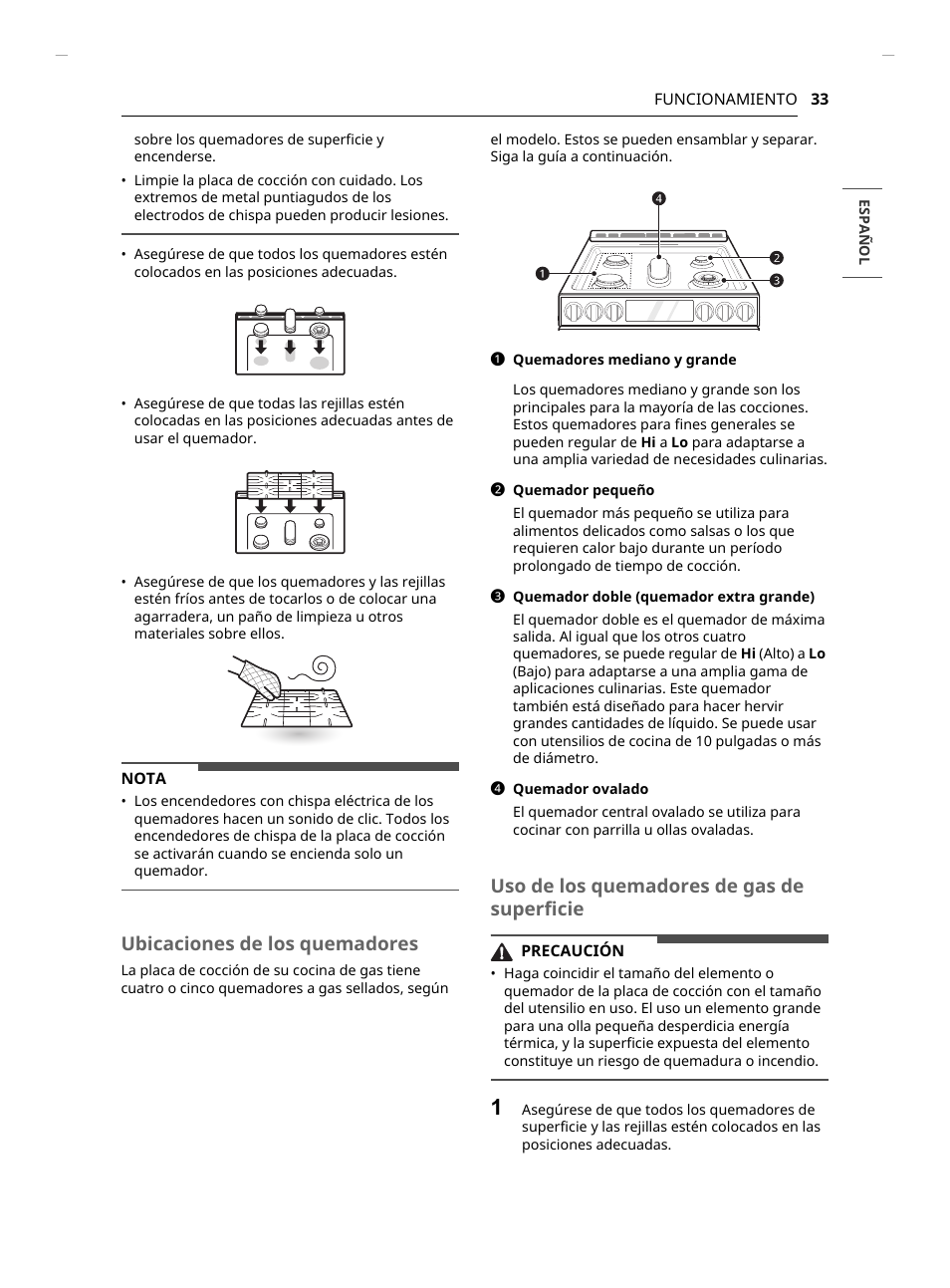 Ubicaciones de los quemadores, Uso de los quemadores de gas de superficie | LG Studio 30 Inch Slide-In Gas Smart Range Owners Manual User Manual | Page 113 / 172