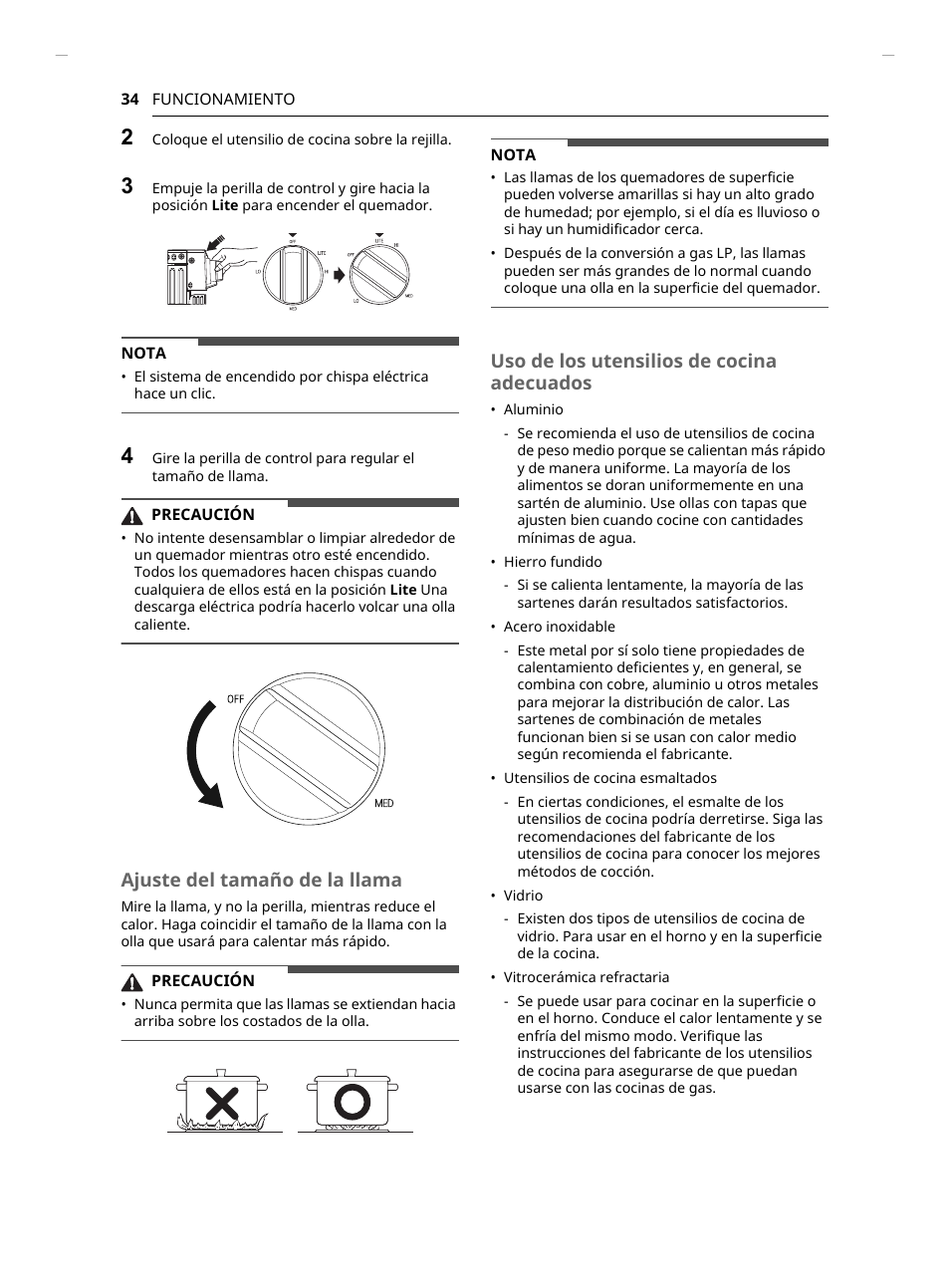 Ajuste del tamaño de la llama, Uso de los utensilios de cocina adecuados | LG Studio 30 Inch Slide-In Gas Smart Range Owners Manual User Manual | Page 114 / 172