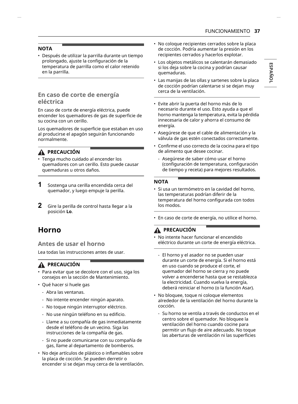 Horno, En caso de corte de energía eléctrica, Antes de usar el horno | LG Studio 30 Inch Slide-In Gas Smart Range Owners Manual User Manual | Page 117 / 172