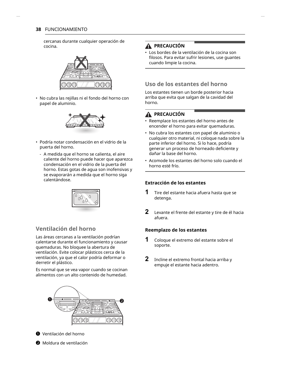 Ventilación del horno, Uso de los estantes del horno | LG Studio 30 Inch Slide-In Gas Smart Range Owners Manual User Manual | Page 118 / 172