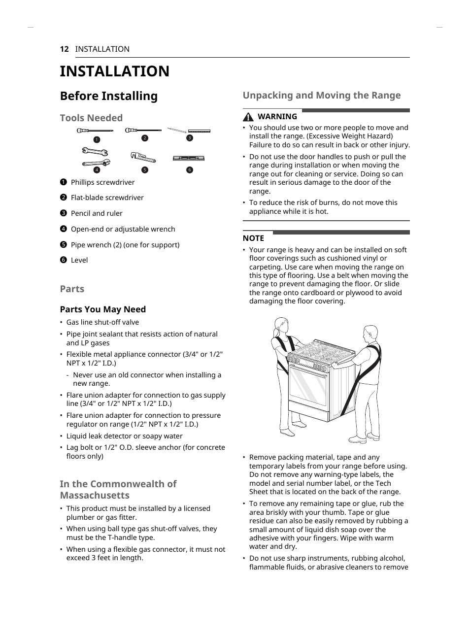 Installation, Before installing, Tools needed | Parts, Unpacking and moving the range | LG Studio 30 Inch Slide-In Gas Smart Range Owners Manual User Manual | Page 12 / 172