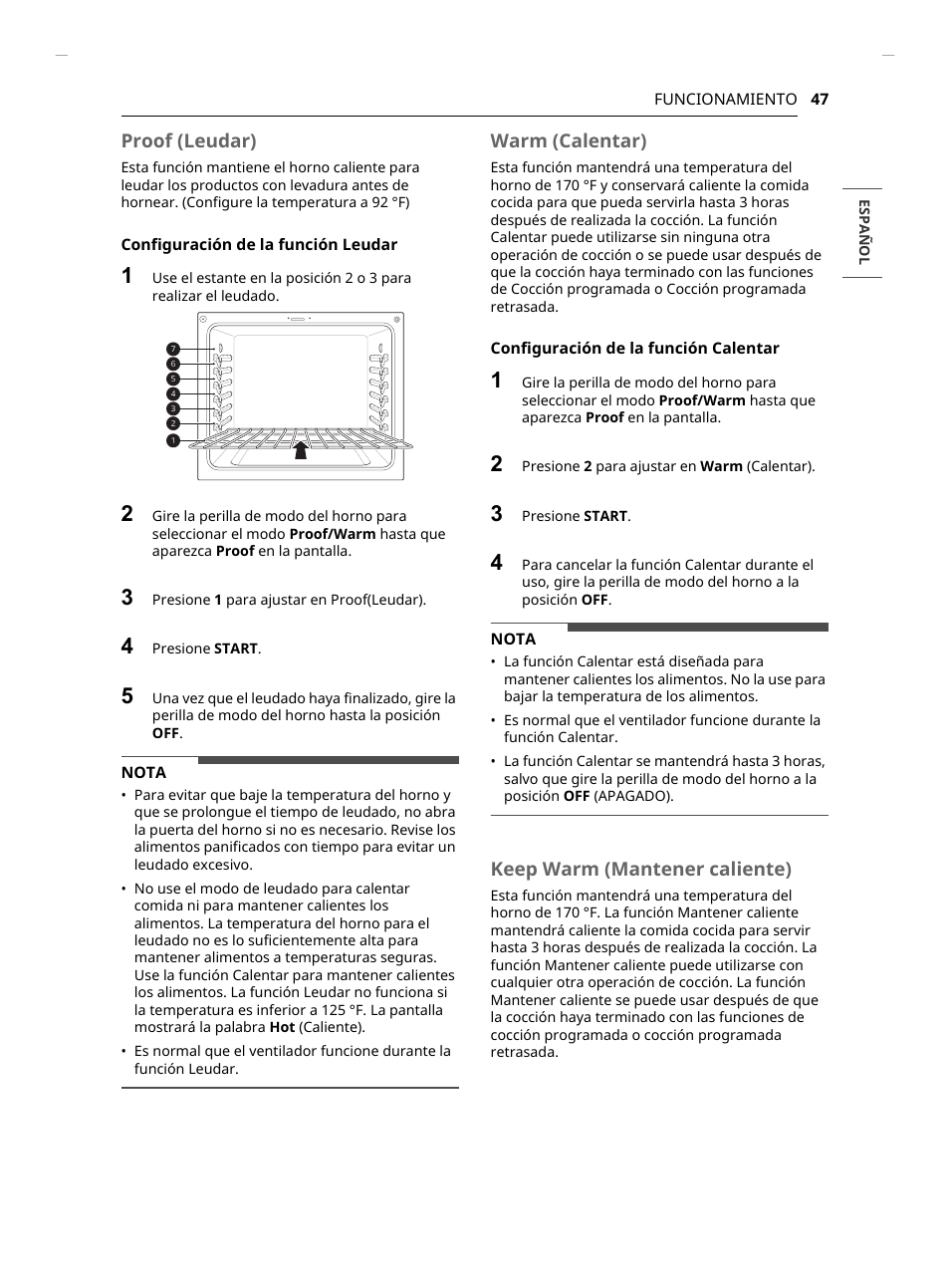 Proof (leudar), Warm (calentar), Keep warm (mantener caliente) | LG Studio 30 Inch Slide-In Gas Smart Range Owners Manual User Manual | Page 127 / 172