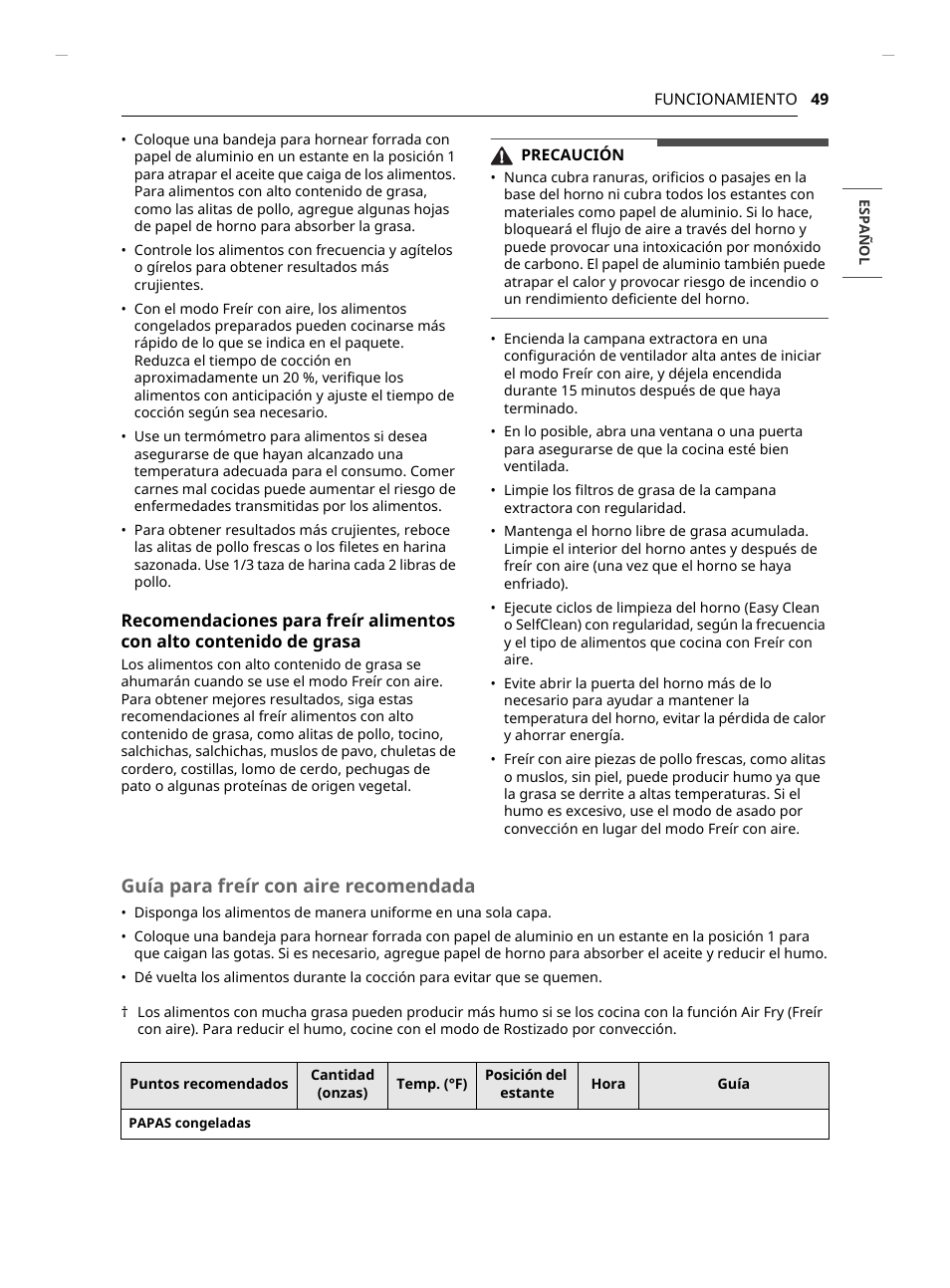 Guía para freír con aire recomendada | LG Studio 30 Inch Slide-In Gas Smart Range Owners Manual User Manual | Page 129 / 172