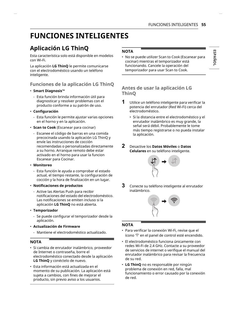 Funciones inteligentes, Aplicación lg thinq, Funciones de la aplicación lg thinq | Antes de usar la aplicación lg thinq | LG Studio 30 Inch Slide-In Gas Smart Range Owners Manual User Manual | Page 135 / 172