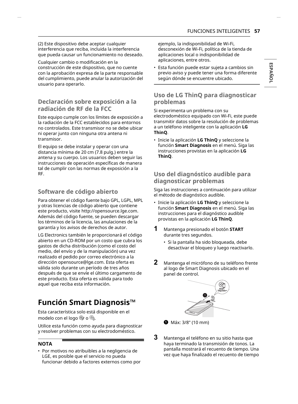 Función smart diagnosis, Software de código abierto, Uso de lg thinq para diagnosticar problemas | LG Studio 30 Inch Slide-In Gas Smart Range Owners Manual User Manual | Page 137 / 172