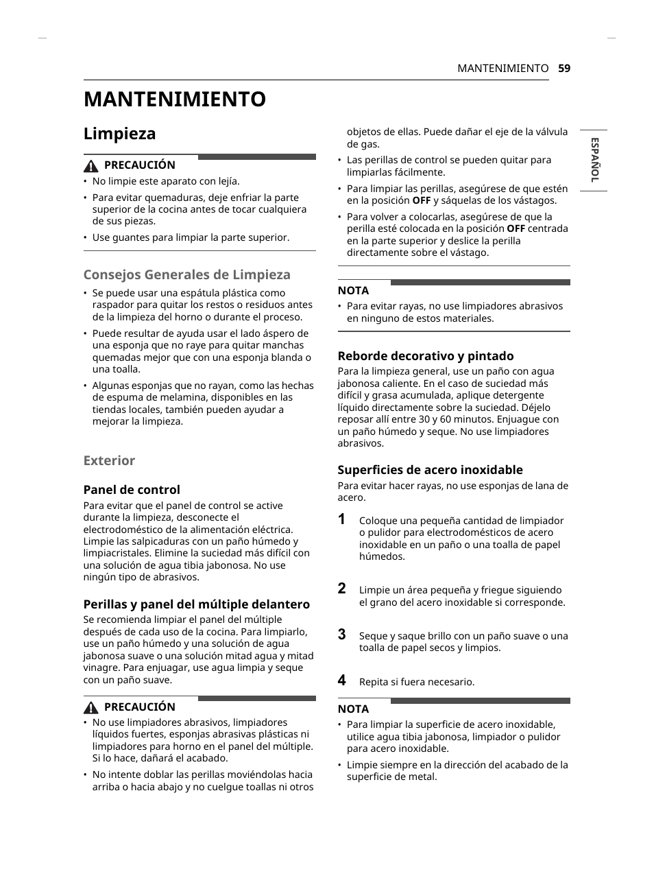 Mantenimiento, Limpieza, Consejos generales de limpieza | Exterior | LG Studio 30 Inch Slide-In Gas Smart Range Owners Manual User Manual | Page 139 / 172