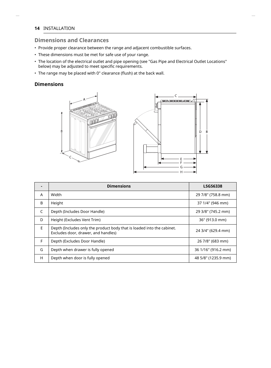 Dimensions and clearances, Dimensions | LG Studio 30 Inch Slide-In Gas Smart Range Owners Manual User Manual | Page 14 / 172