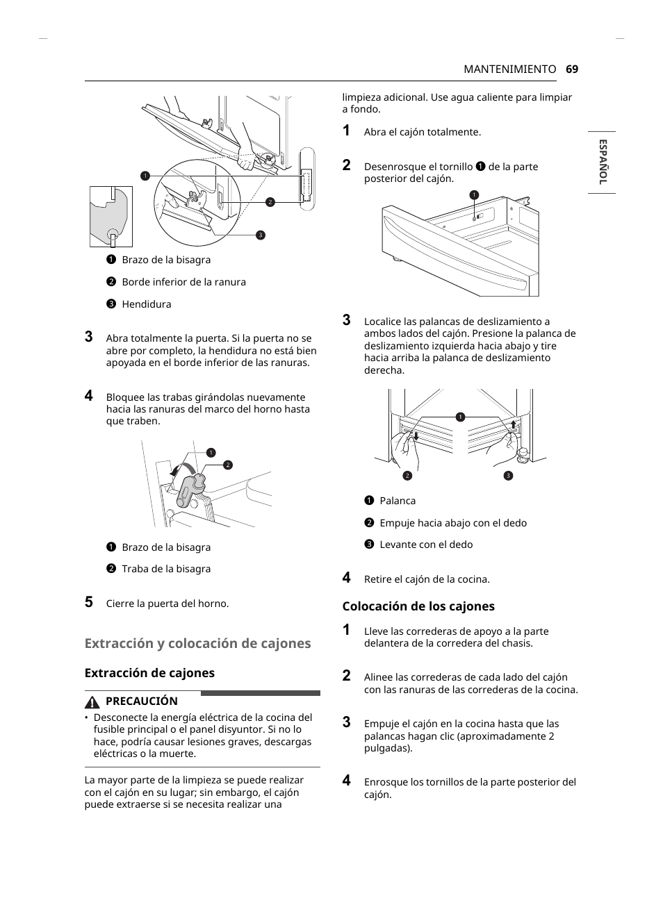 Extracción y colocación de cajones | LG Studio 30 Inch Slide-In Gas Smart Range Owners Manual User Manual | Page 149 / 172