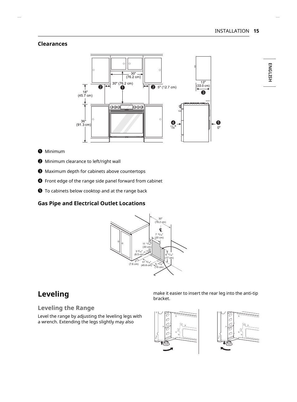 Leveling, Leveling the range, Clearances | Gas pipe and electrical outlet locations, 15 installation, En g lis h, Minimum, Minimum clearance to left/right wall, Maximum depth for cabinets above countertops | LG Studio 30 Inch Slide-In Gas Smart Range Owners Manual User Manual | Page 15 / 172