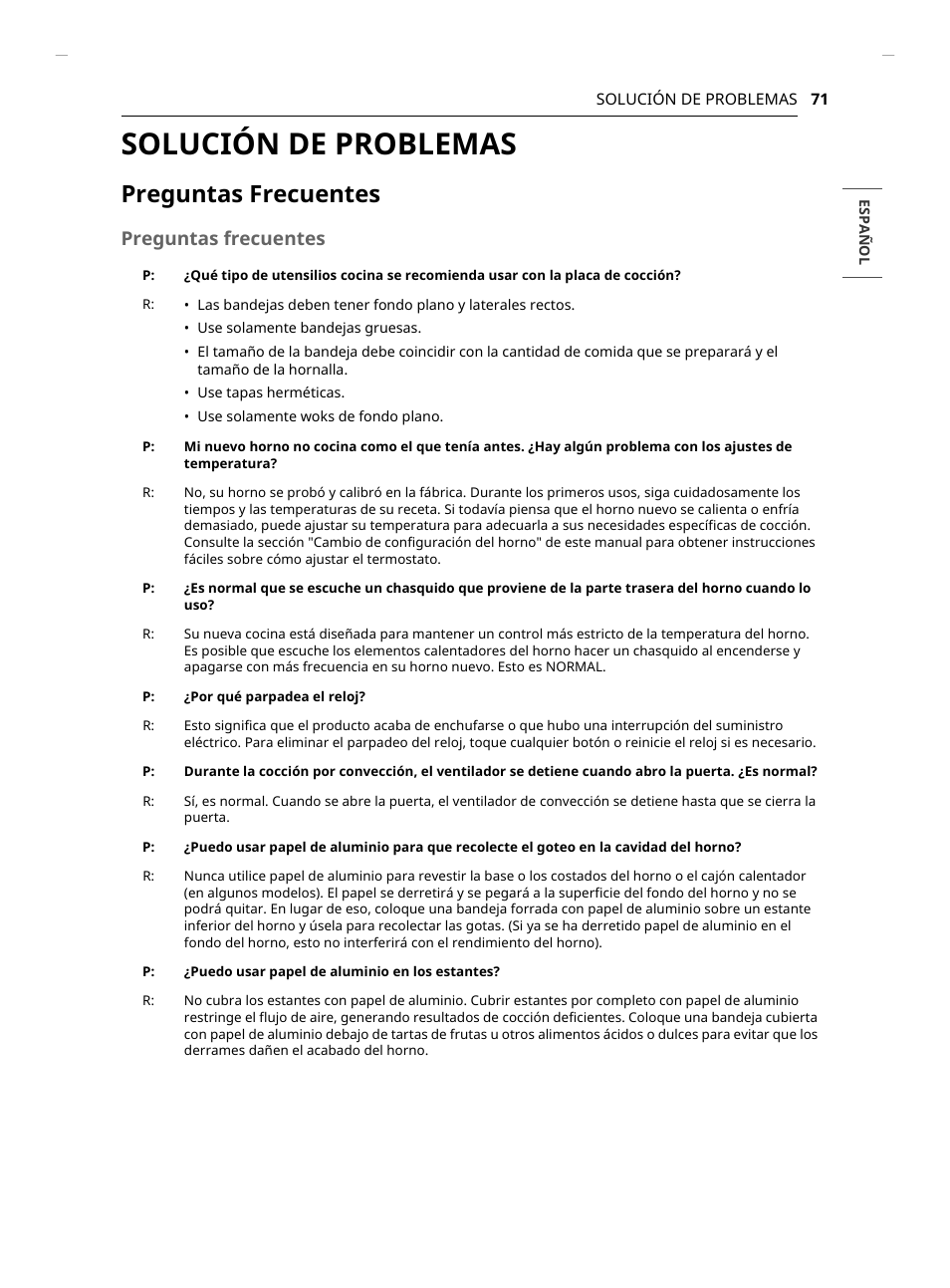 Solución de problemas, Preguntas frecuentes | LG Studio 30 Inch Slide-In Gas Smart Range Owners Manual User Manual | Page 151 / 172