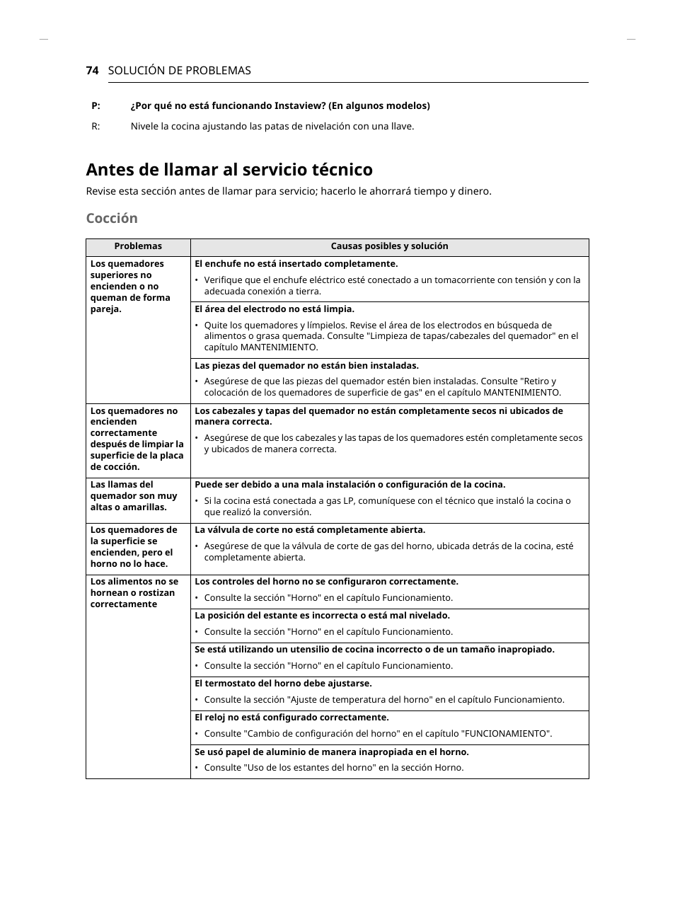 Antes de llamar al servicio técnico, Cocción | LG Studio 30 Inch Slide-In Gas Smart Range Owners Manual User Manual | Page 154 / 172
