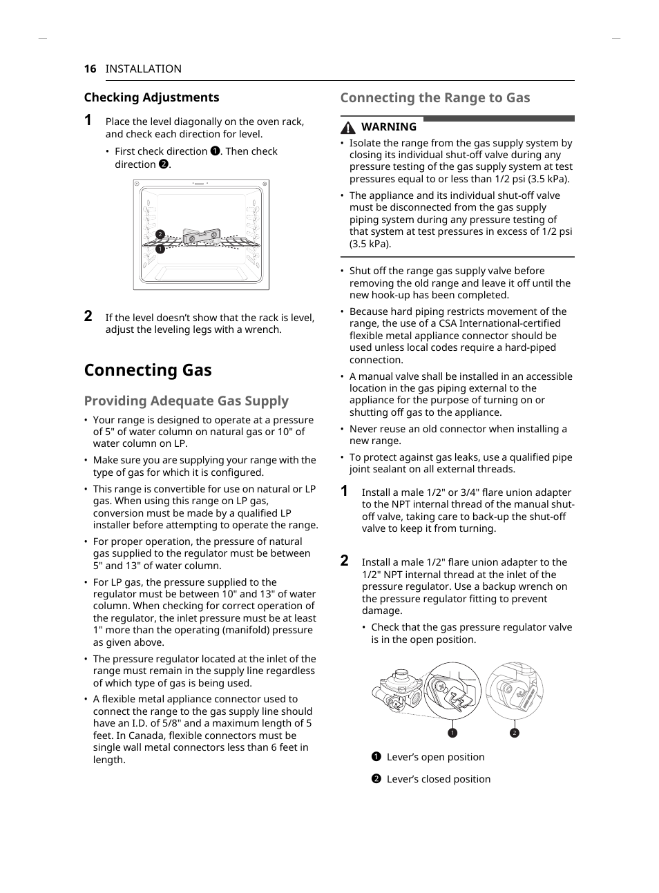 Connecting gas, Providing adequate gas supply, Connecting the range to gas | LG Studio 30 Inch Slide-In Gas Smart Range Owners Manual User Manual | Page 16 / 172