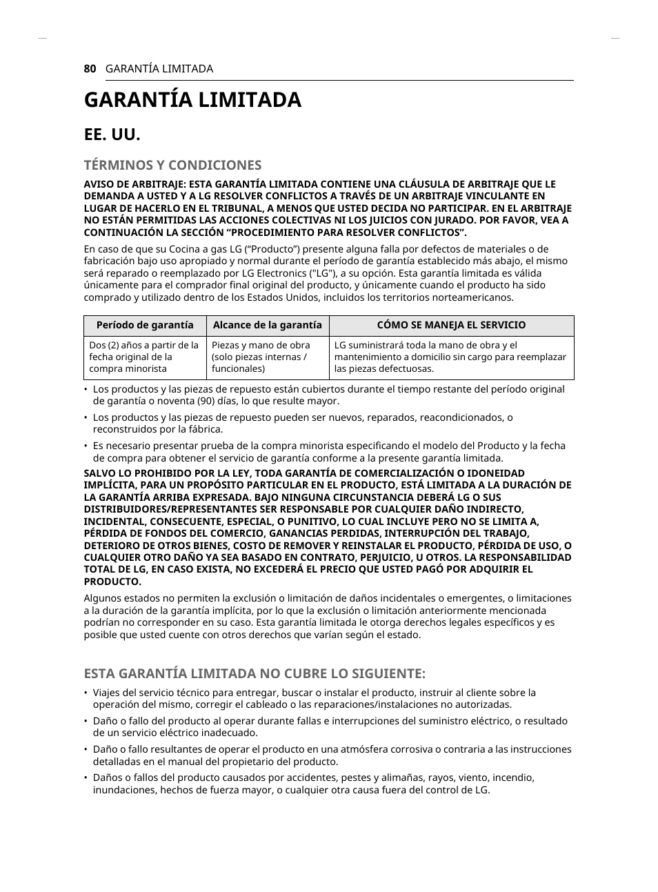 Garantía limitada, Ee. uu, Términos y condiciones | Esta garantía limitada no cubre lo siguiente | LG Studio 30 Inch Slide-In Gas Smart Range Owners Manual User Manual | Page 160 / 172