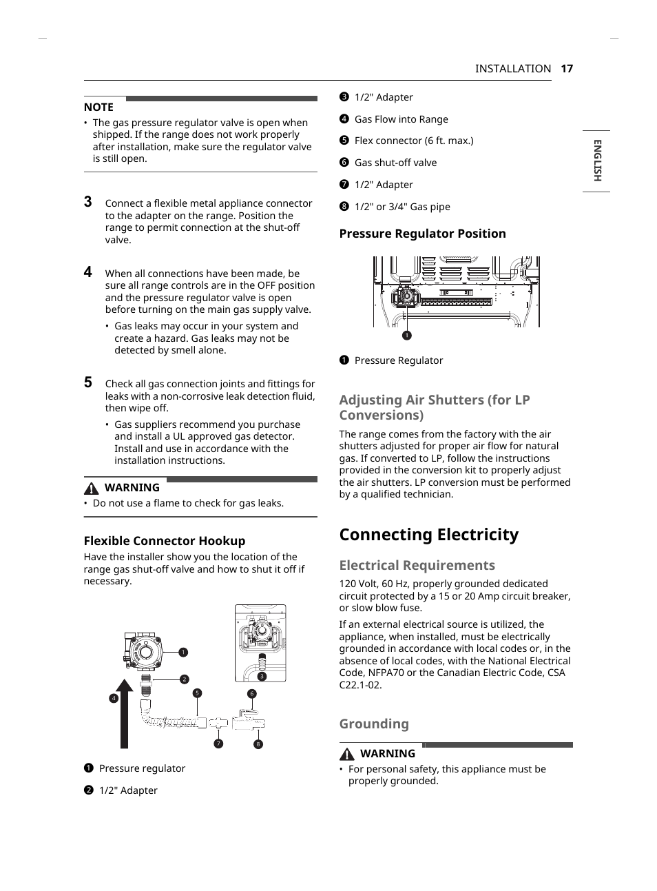 Connecting electricity, Adjusting air shutters (for lp conversions), Electrical requirements | Grounding | LG Studio 30 Inch Slide-In Gas Smart Range Owners Manual User Manual | Page 17 / 172