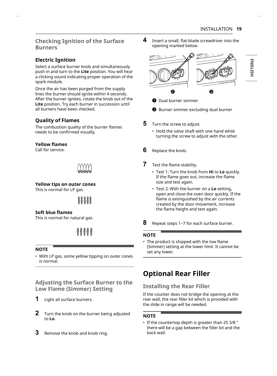 Optional rear filler, Checking ignition of the surface burners, Installing the rear filler | LG Studio 30 Inch Slide-In Gas Smart Range Owners Manual User Manual | Page 19 / 172