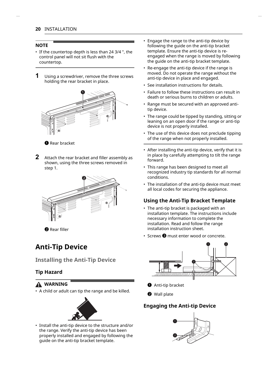 Anti-tip device, Installing the anti-tip device | LG Studio 30 Inch Slide-In Gas Smart Range Owners Manual User Manual | Page 20 / 172