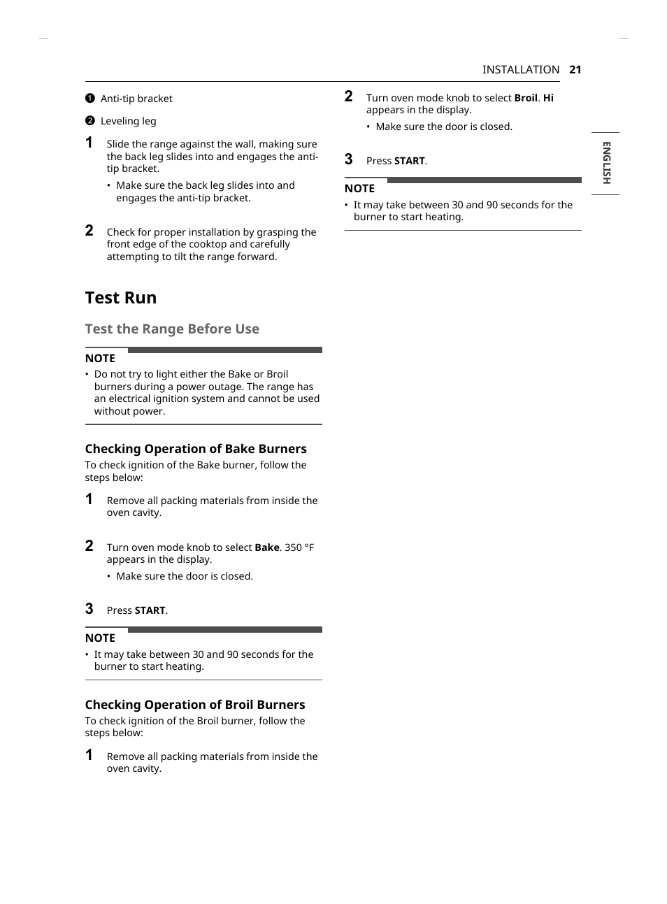 Test run, Test the range before use | LG Studio 30 Inch Slide-In Gas Smart Range Owners Manual User Manual | Page 21 / 172