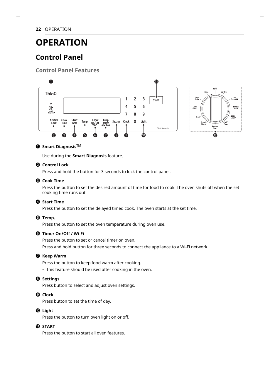 Operation, Control panel, Control panel features | LG Studio 30 Inch Slide-In Gas Smart Range Owners Manual User Manual | Page 22 / 172