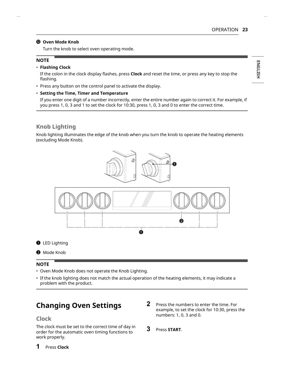 Changing oven settings, Knob lighting, Clock | LG Studio 30 Inch Slide-In Gas Smart Range Owners Manual User Manual | Page 23 / 172