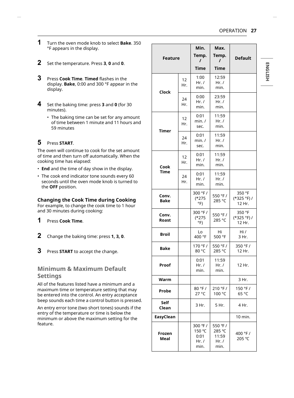 Minimum & maximum default settings | LG Studio 30 Inch Slide-In Gas Smart Range Owners Manual User Manual | Page 27 / 172