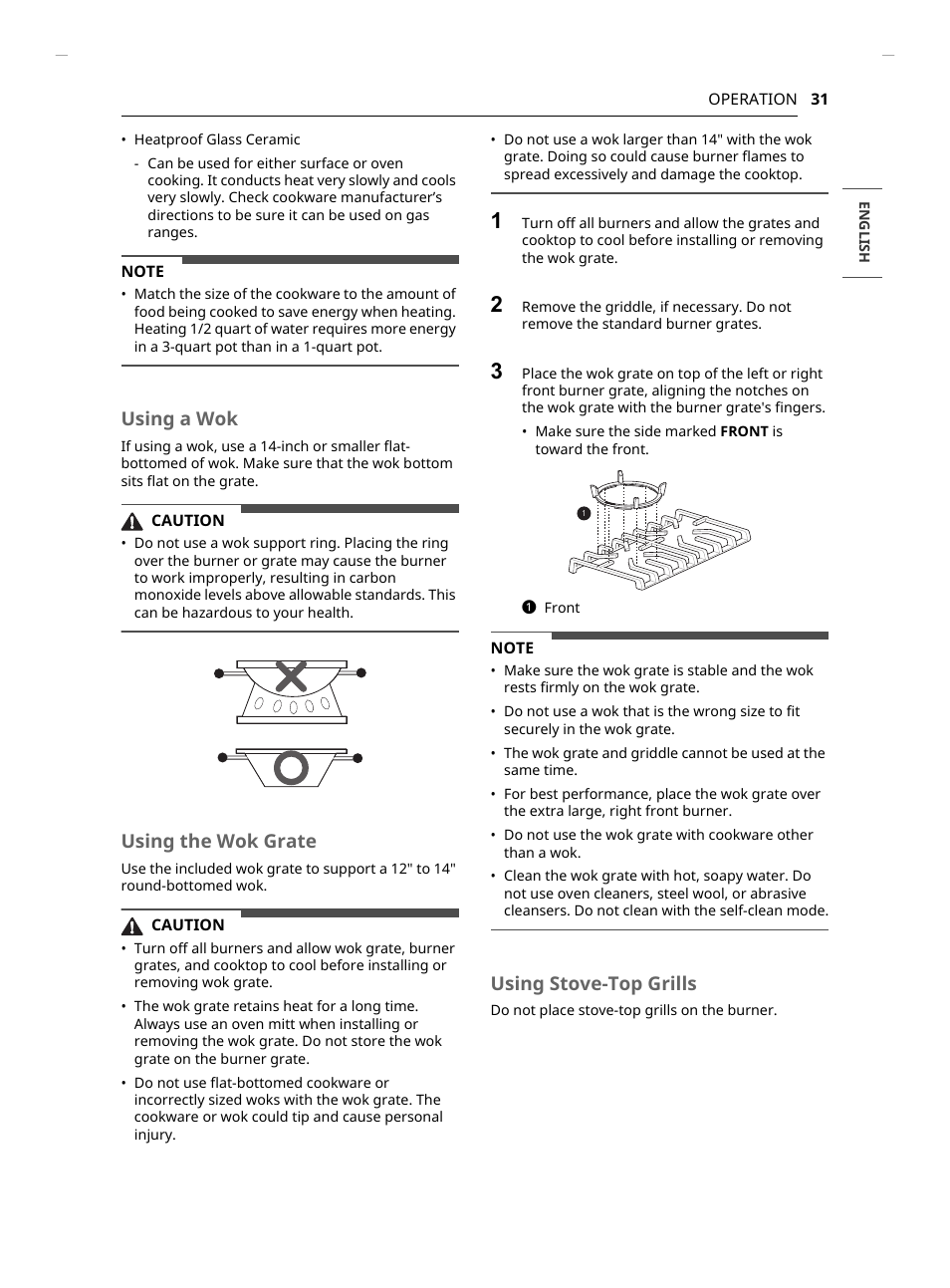 Using a wok, Using the wok grate, Using stove-top grills | LG Studio 30 Inch Slide-In Gas Smart Range Owners Manual User Manual | Page 31 / 172