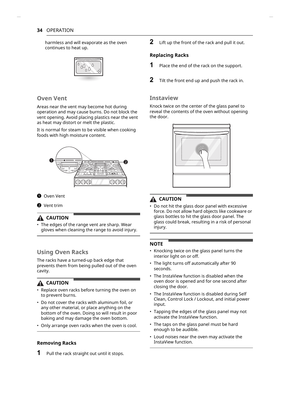 Oven vent, Using oven racks, Instaview | LG Studio 30 Inch Slide-In Gas Smart Range Owners Manual User Manual | Page 34 / 172