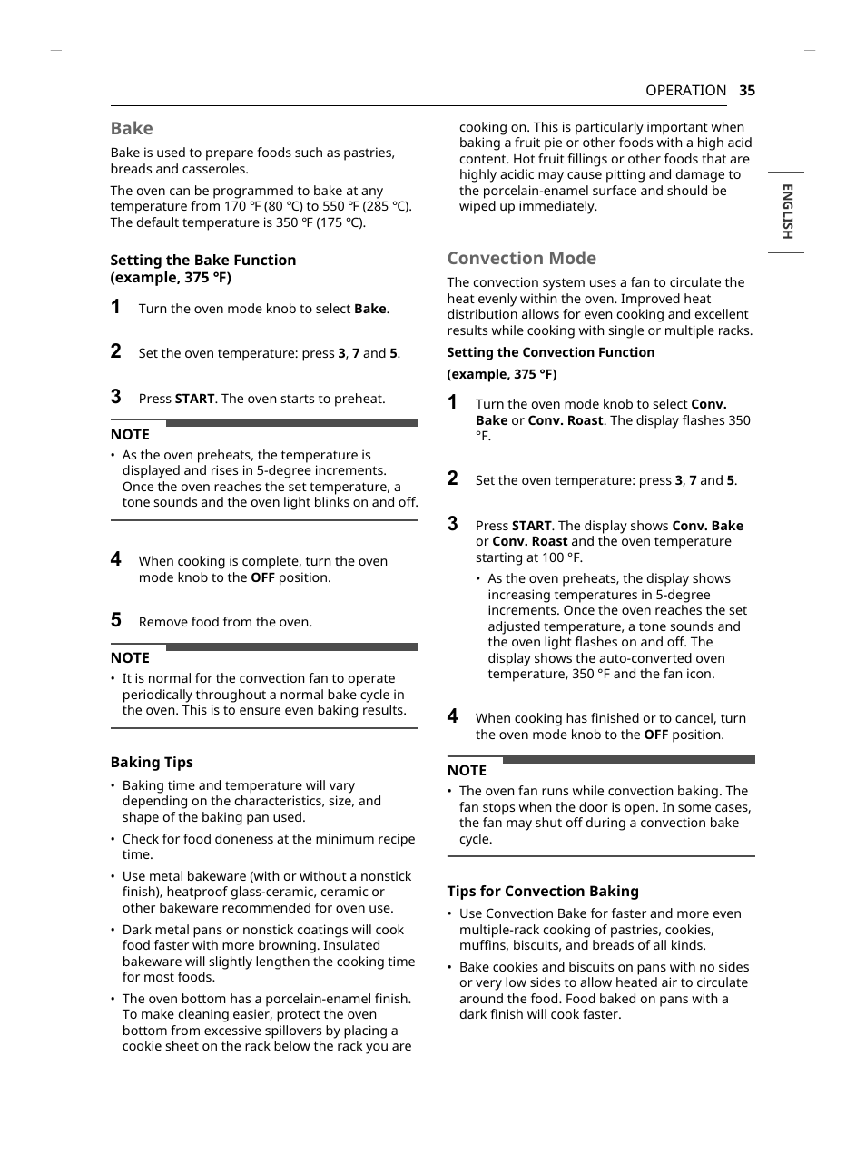 Bake, Convection mode | LG Studio 30 Inch Slide-In Gas Smart Range Owners Manual User Manual | Page 35 / 172