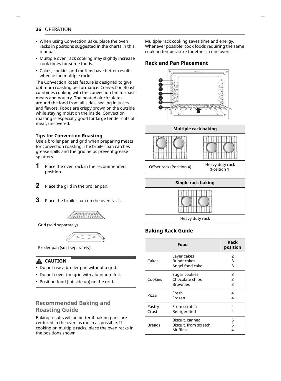 Recommended baking and roasting guide | LG Studio 30 Inch Slide-In Gas Smart Range Owners Manual User Manual | Page 36 / 172