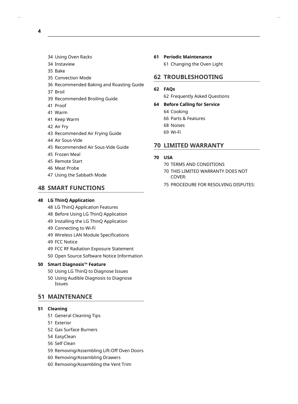 48 smart functions, 51 maintenance, 62 troubleshooting | 70 limited warranty | LG Studio 30 Inch Slide-In Gas Smart Range Owners Manual User Manual | Page 4 / 172