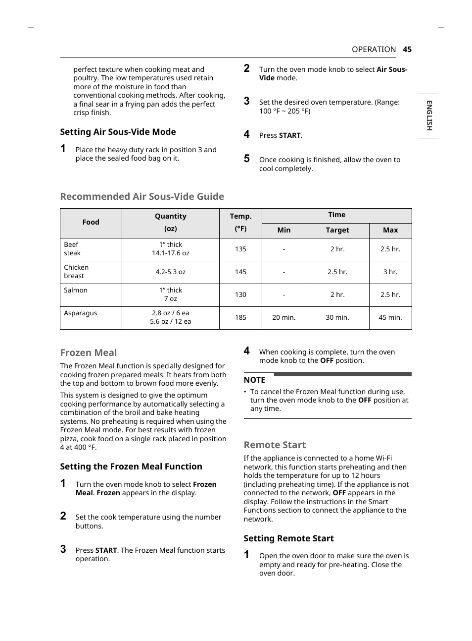 Recommended air sous-vide guide frozen meal, Remote start | LG Studio 30 Inch Slide-In Gas Smart Range Owners Manual User Manual | Page 45 / 172