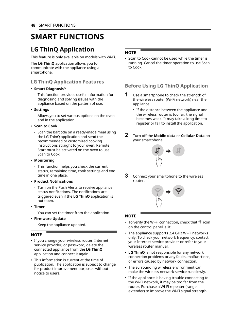 Smart functions, Lg thinq application, Lg thinq application features | Before using lg thinq application | LG Studio 30 Inch Slide-In Gas Smart Range Owners Manual User Manual | Page 48 / 172